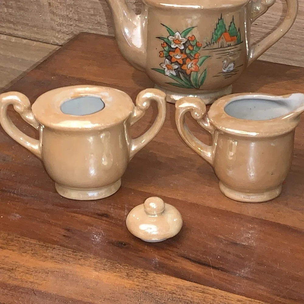 VTG Miniature Child Tea Set Pearlescent Lusterware Japan Flowers Swan House 11pc